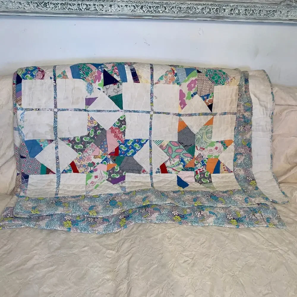 LARGE ANTIQUE 1930's 1940's 8 POINT ANTIQUE STAR QUILT-BEAUTIFUL COLORS!!!